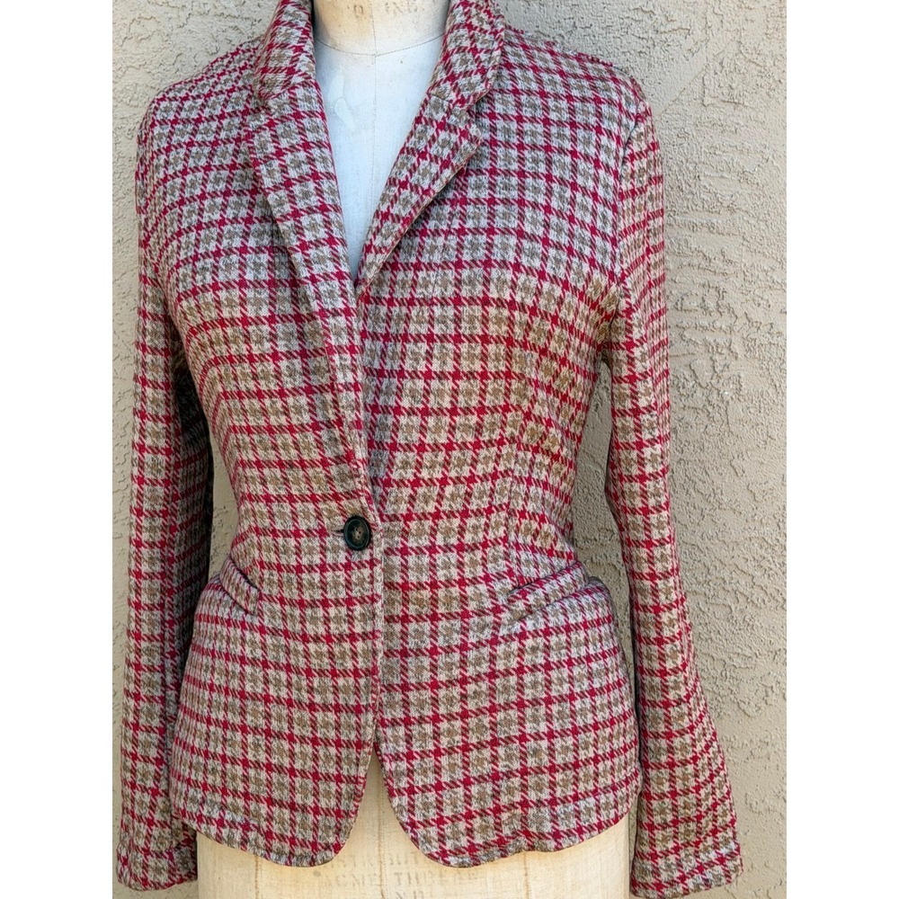 Lands End Womens Red Tan Houndstooth Knit Blazer Jacket Size S 6-8